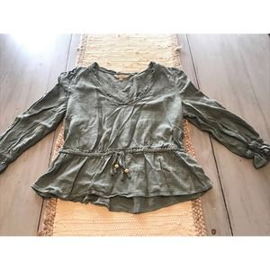 Cult of Design Sage Green Linen Blend Boho Ruffle Long Sleeve Shirt Blouse Sz M